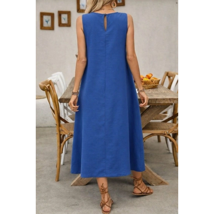 Kadın Askılı Yuvarlak Yakalı Kıloş Cepli Uzun Elbise