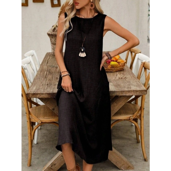 Kadın Askılı Yuvarlak Yakalı Kıloş Cepli Uzun Elbise