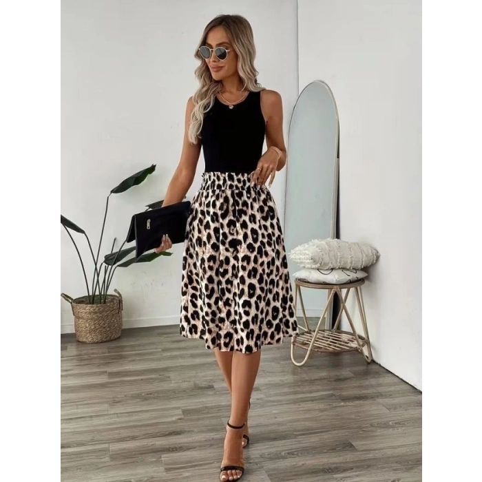 Kadın Askılı Yuvarlak Yakalı Viskon Bluz Ve Leopar Desenli önü Düğmeli Midi Etek Ikili Takım