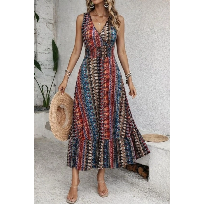 Kadın Beli Gipeli Etnik Desen Sıfır Kol Süprem Elbise
