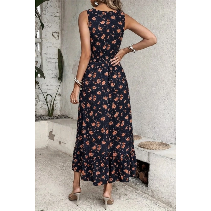 Kadın Beli Gipeli Etnik Desen Sıfır Kol Süprem Elbise