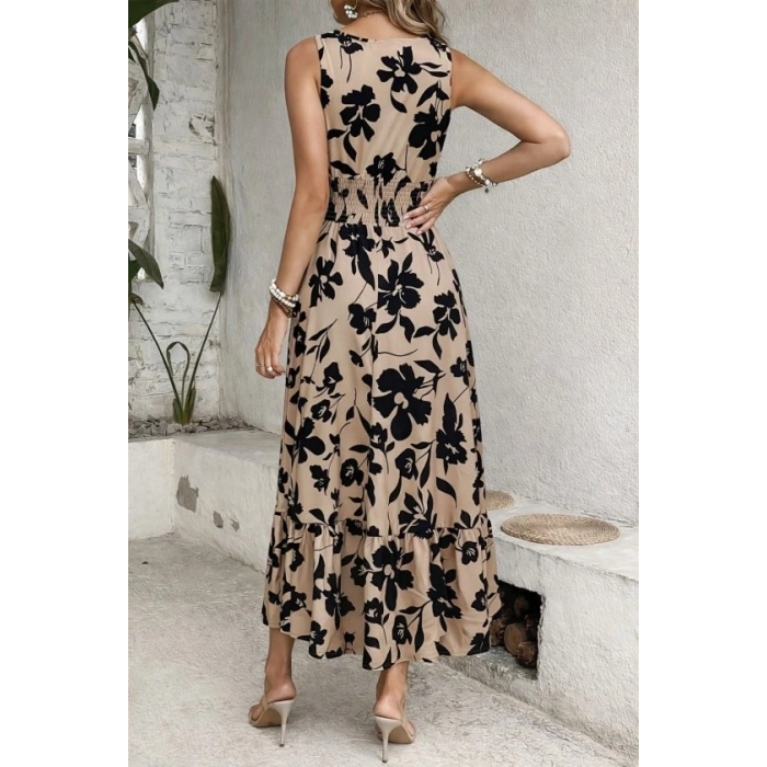 Kadın Beli Gipeli Etnik Desen Sıfır Kol Süprem Elbise