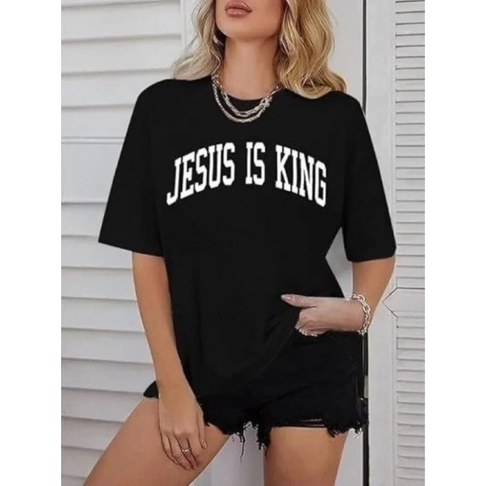 Kadın Bisiklet Yaka Kısa Kol Baskılı T-shirt - Siyah