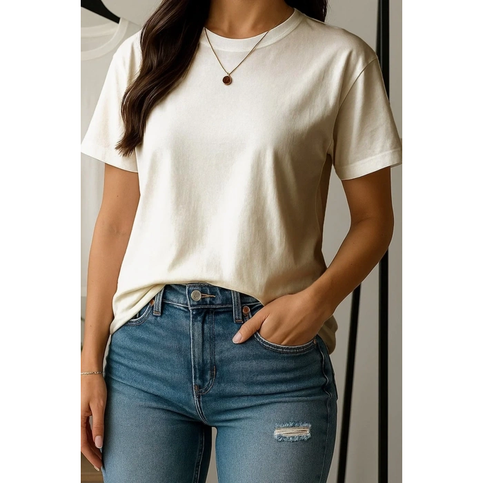 Kadın Bisiklet Yaka Oversize T-shirt Kırık Beyaz