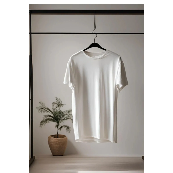 Kadın Bisiklet Yaka Oversize T-shirt Kırık Beyaz