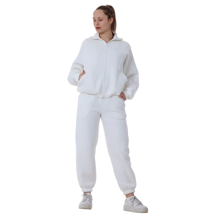 Kadın Bomber Yaka Fermuarlı 3 İplik İçi Polarlı Lastikli Paça Beyaz Eşofman Takımı