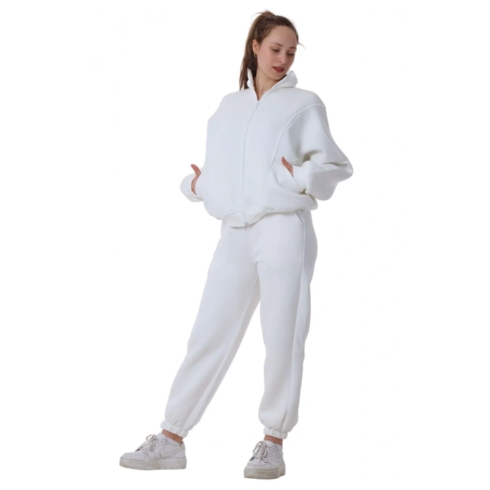 Kadın Bomber Yaka Fermuarlı 3 İplik İçi Polarlı Lastikli Paça Beyaz Eşofman Takımı