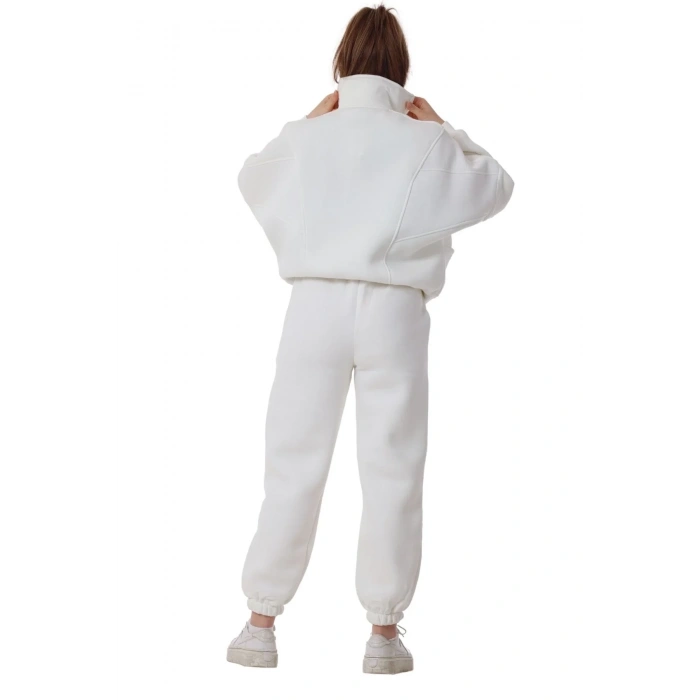 Kadın Bomber Yaka Fermuarlı 3 İplik İçi Polarlı Lastikli Paça Beyaz Eşofman Takımı