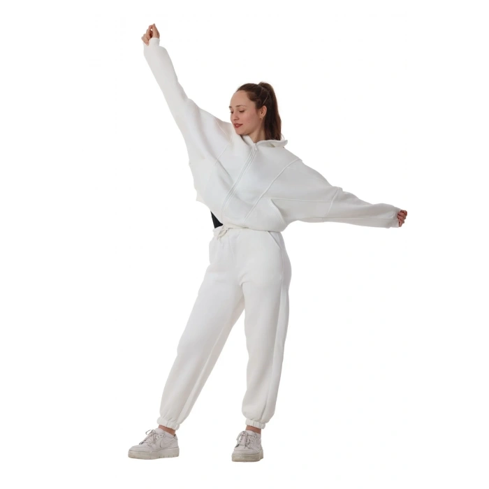 Kadın Bomber Yaka Fermuarlı 3 İplik İçi Polarlı Lastikli Paça Beyaz Eşofman Takımı