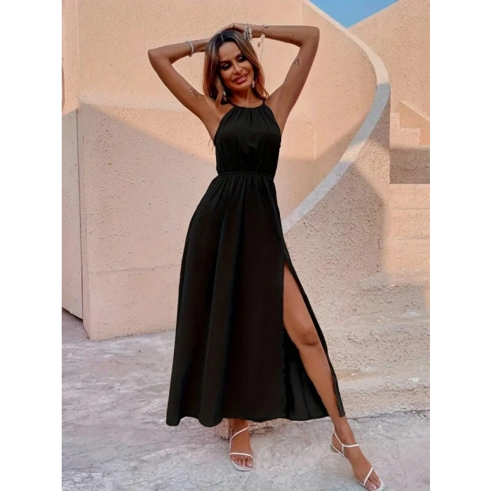 Kadın Boyundan Askılı Belden Lastikli Yandan Yırtmaç Detaylı Viskon Elbise