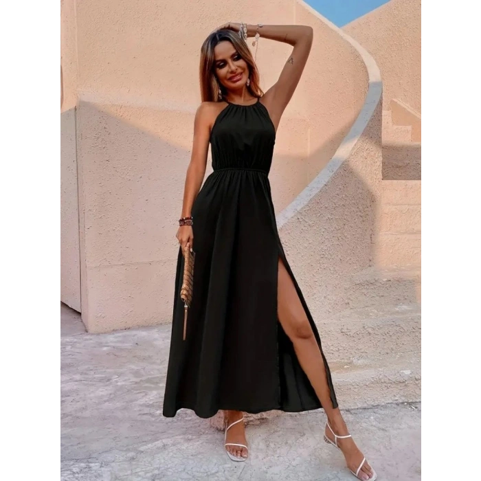 Kadın Boyundan Askılı Belden Lastikli Yandan Yırtmaç Detaylı Viskon Elbise