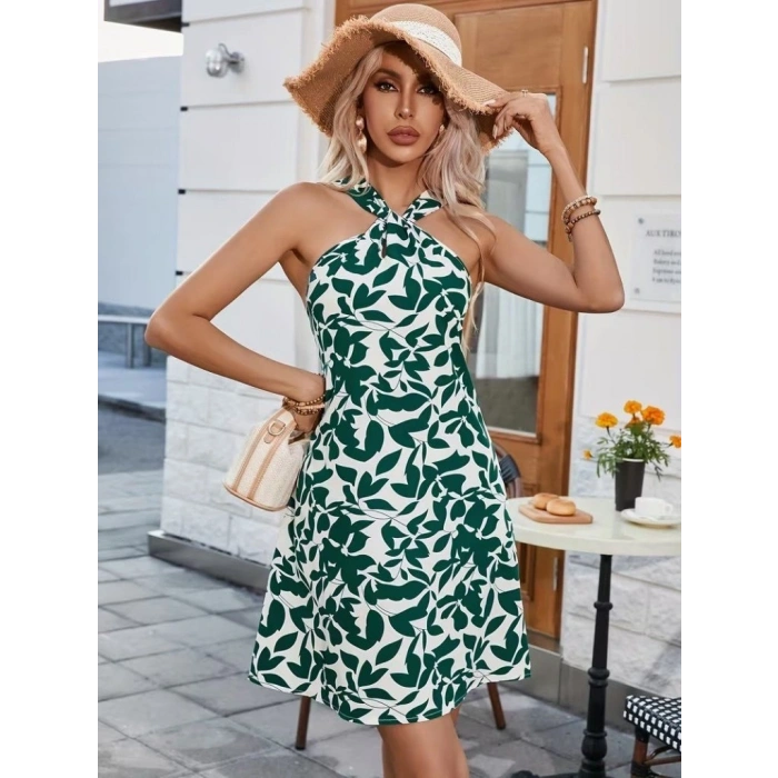 Kadın Boyundan çapraz Askı Damla Detaylı Omuzlardan Açık Desenli Kısa Süprem Elbise