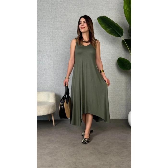 Kadın çan Dokuma Kumaş V Yaka Asimetrik Kesim Elbise