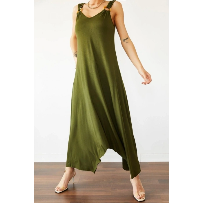 Kadın çan Dokuma Kumaş V Yaka Asimetrik Kesim Elbise