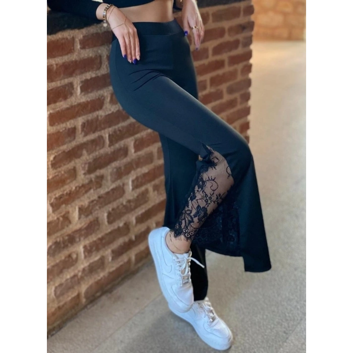 Kadın Dantel Eklemeli Ispanyol Paça Scuba Tayt Pantalon