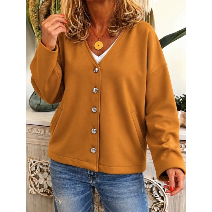 Kadın Düğme Detaylı V Yaka Oversize Camel Ceket / Hırka