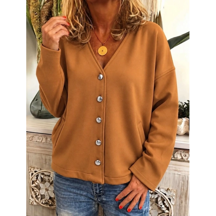Kadın Düğme Detaylı V Yaka Oversize Camel Ceket / Hırka