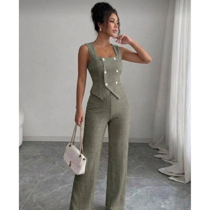 Kadın Düğmeli Bürümcük Kumaş Takım