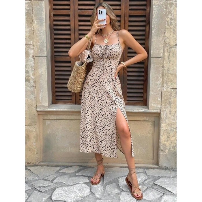 Kadın Ip Askılı Desenli Yırtmaçlı Süprem Midi Elbise