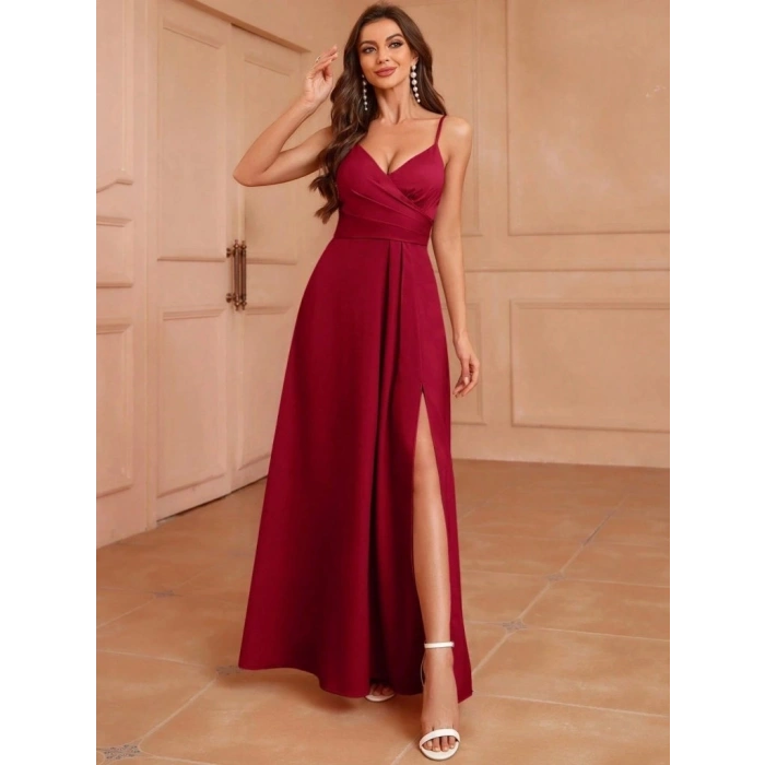 Kadın Ip Askılı Kruvaze Yakalı Yırtmaçlı Uzun Ithal Krep Elbise