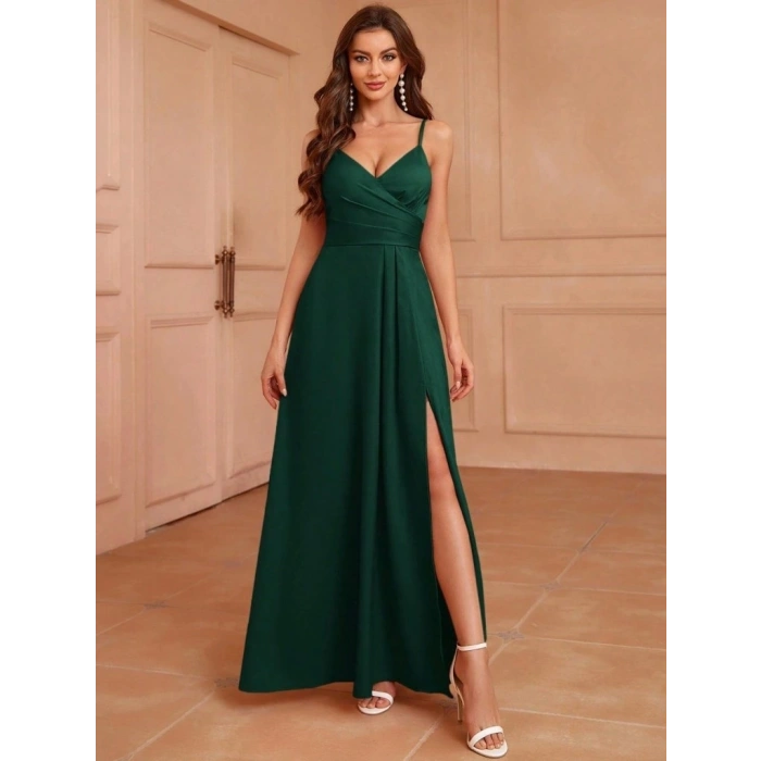 Kadın Ip Askılı Kruvaze Yakalı Yırtmaçlı Uzun Ithal Krep Elbise