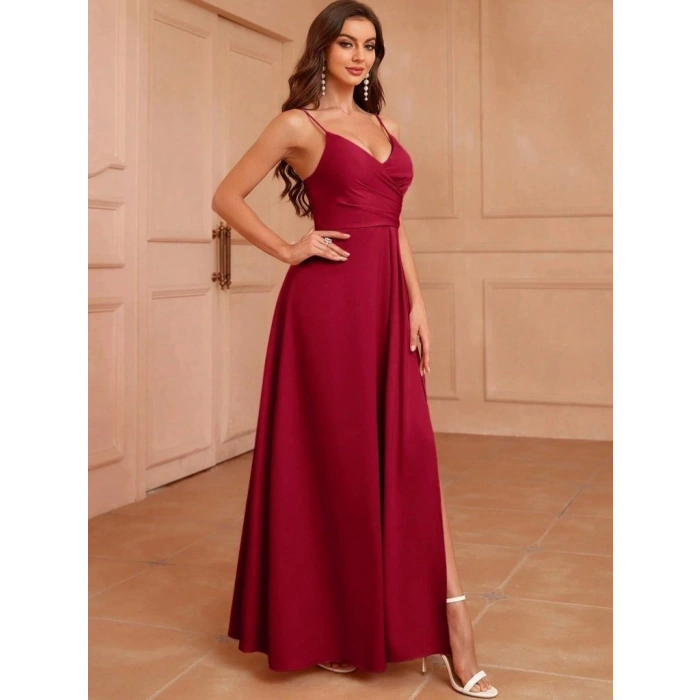 Kadın Ip Askılı Kruvaze Yakalı Yırtmaçlı Uzun Ithal Krep Elbise