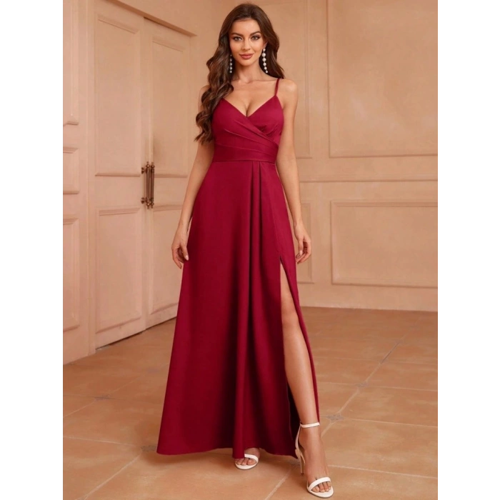 Kadın Ip Askılı Kruvaze Yakalı Yırtmaçlı Uzun Ithal Krep Elbise