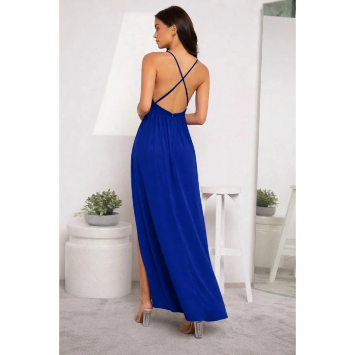 Kadın Ip Askılı Kruvazeli Yırtmaç Detaylı Yerli Krep Uzun Elbise