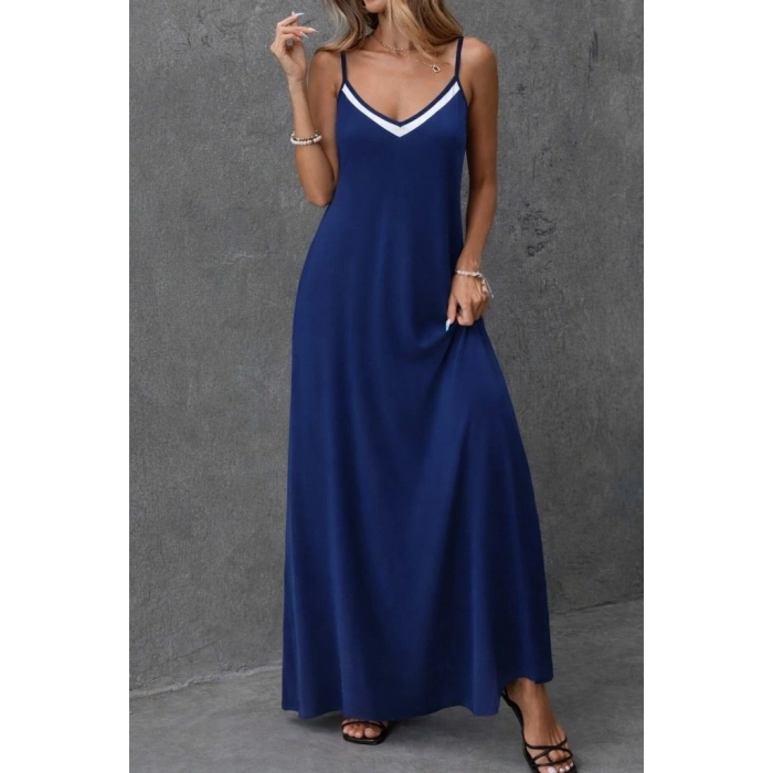 Kadın Ip Askılı V şerit Yakalı Uzun Viskon Elbise