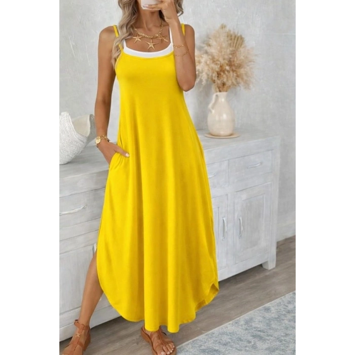 Kadın Ip Askılı Yuvarlak Yakalı Cepli Uzun Viskon Elbise