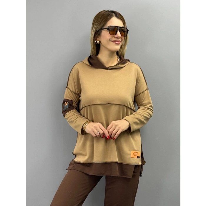 Kadın Yeşil Kapşonlu Etek Ucu Detay Arma Ters Dikiş Gorunumlu Ikili Takım