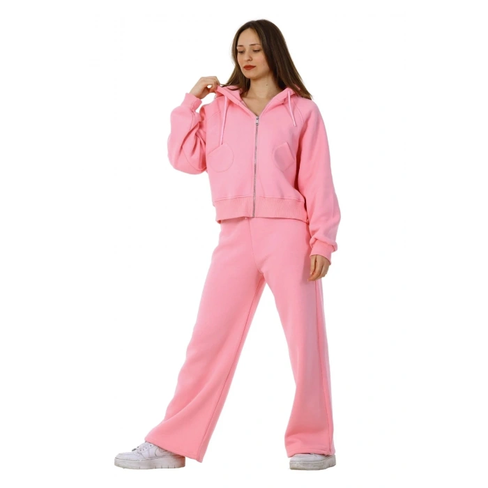 Kadın Kapüşonlu Fermuarlı Pamuklu Palazzo Geniş Paça Eşofman Takımı Pembe