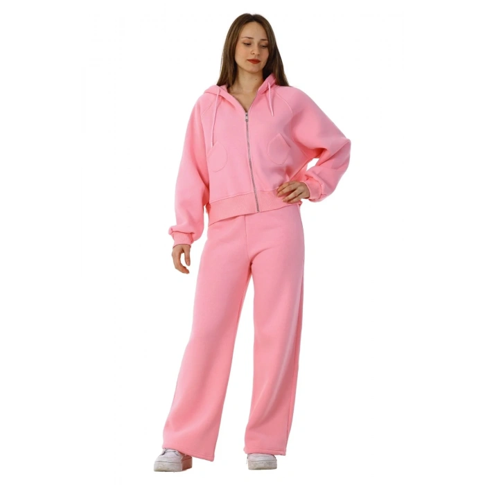 Kadın Kapüşonlu Fermuarlı Pamuklu Palazzo Geniş Paça Eşofman Takımı Pembe