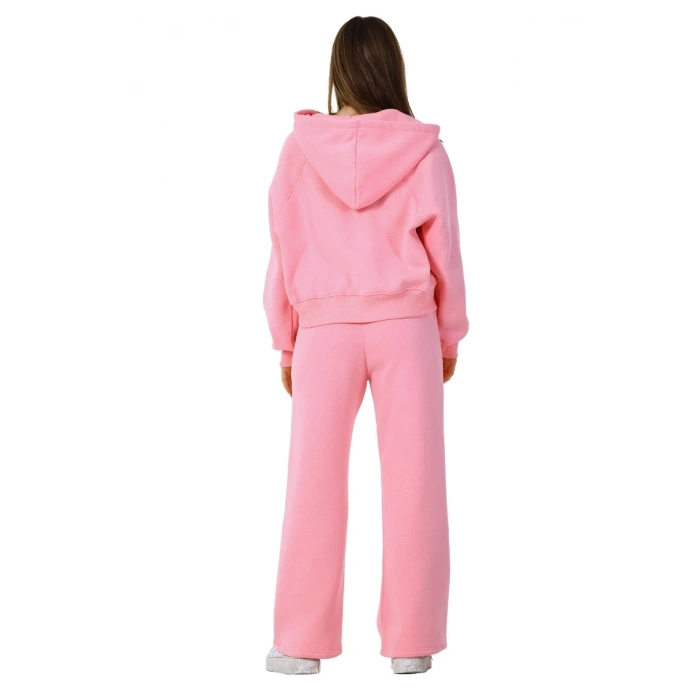 Kadın Kapüşonlu Fermuarlı Pamuklu Palazzo Geniş Paça Eşofman Takımı Pembe