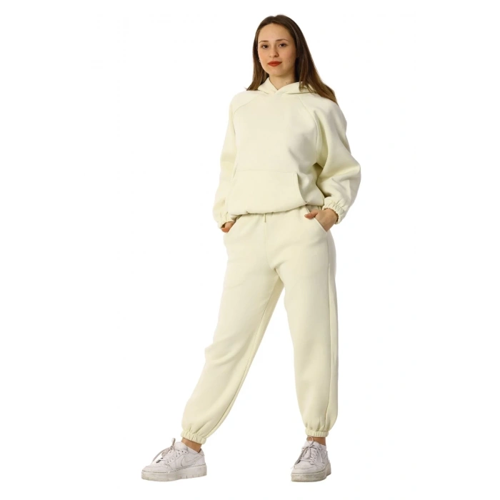 Kadın Kapüşonlu İçi Polarlı Beli Ve Paçası Lastikli Eşofman Takımı Yavru Ağzı