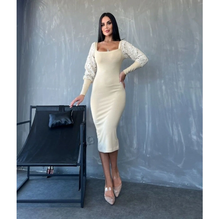 Kadın Kare Yaka Kolları Manşet Ve Tül Detay Fırsat ürün Midi Boy Elbise