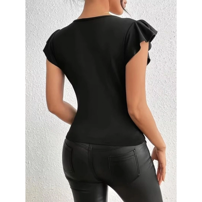 Kadın Kısa Fırfırlı Kol Yuvarlak Yakalı Transparan Detaylı Viskon Bluz