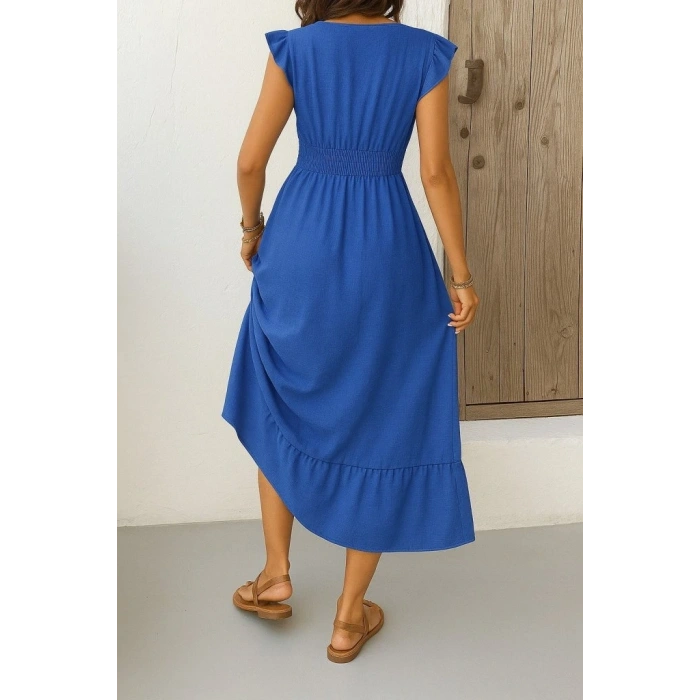 Kadın Kısa Kelebek Kollu Kruvaze Yakalı Beli Lastikli Aerobin Elbise