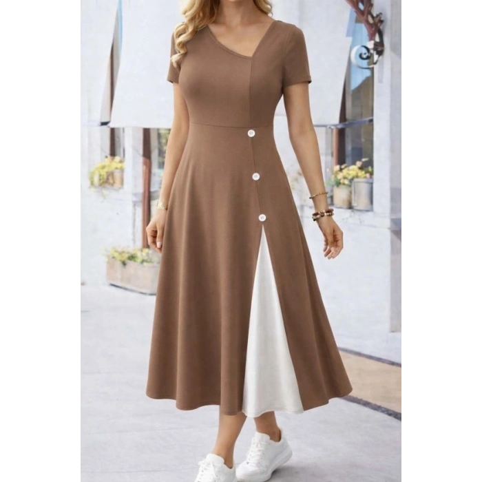 Kadın Kısa Kollu Asimetrik Yakalı Düğme Detaylı Midi Viskon Elbise