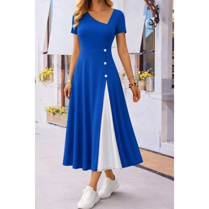 Kadın Kısa Kollu Asimetrik Yakalı Düğme Detaylı Midi Viskon Elbise