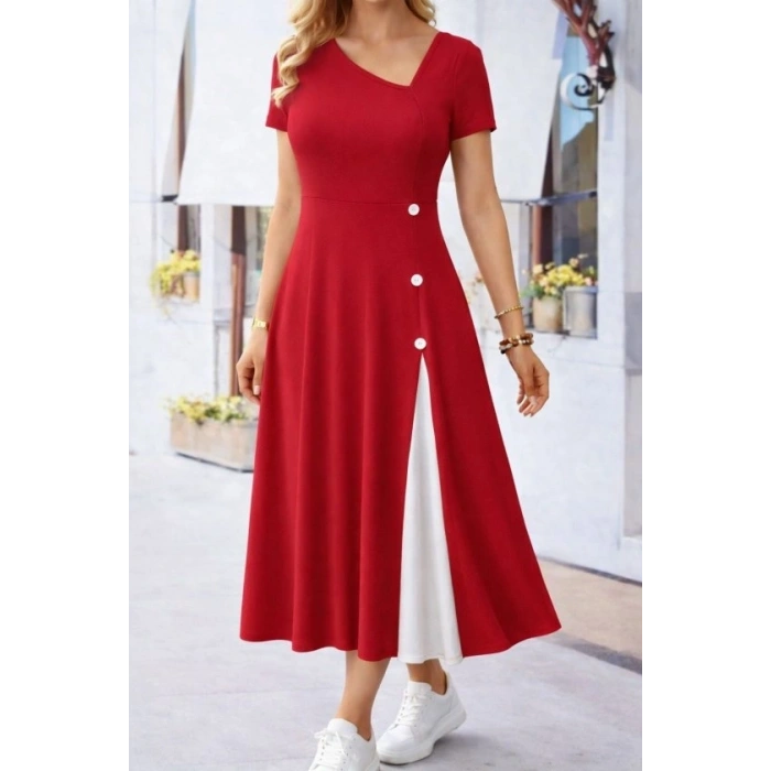 Kadın Kısa Kollu Asimetrik Yakalı Düğme Detaylı Midi Viskon Elbise