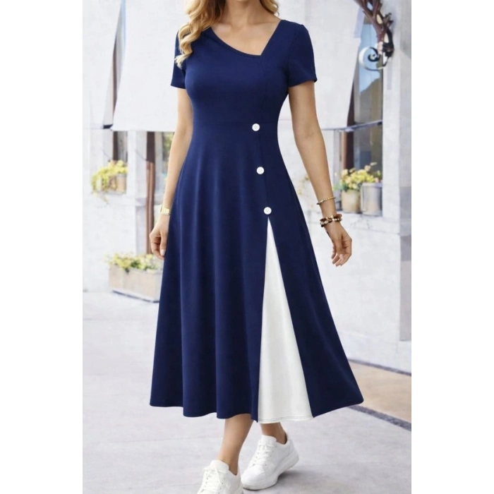 Kadın Kısa Kollu Asimetrik Yakalı Düğme Detaylı Midi Viskon Elbise