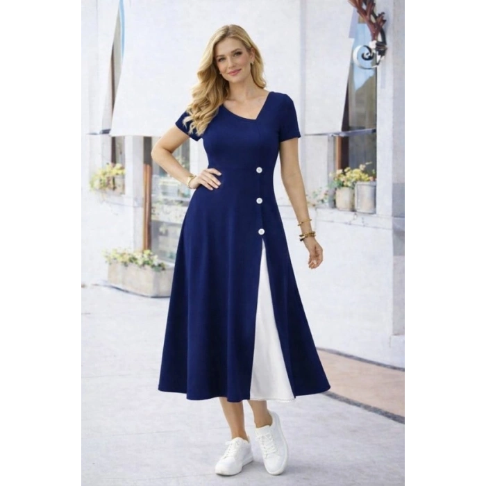 Kadın Kısa Kollu Asimetrik Yakalı Düğme Detaylı Midi Viskon Elbise