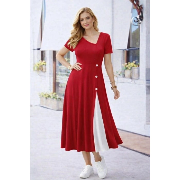 Kadın Kısa Kollu Asimetrik Yakalı Düğme Detaylı Midi Viskon Elbise