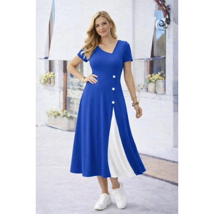 Kadın Kısa Kollu Asimetrik Yakalı Düğme Detaylı Midi Viskon Elbise