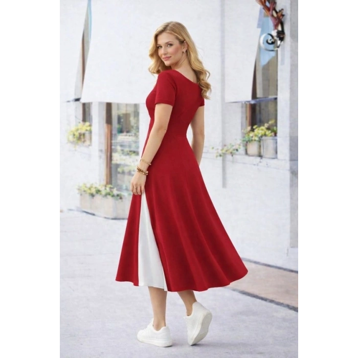 Kadın Kısa Kollu Asimetrik Yakalı Düğme Detaylı Midi Viskon Elbise