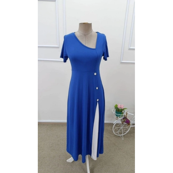 Kadın Kısa Kollu Asimetrik Yakalı Düğme Detaylı Midi Viskon Elbise