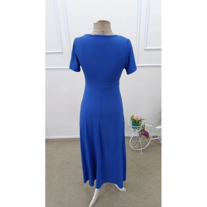 Kadın Kısa Kollu Asimetrik Yakalı Düğme Detaylı Midi Viskon Elbise