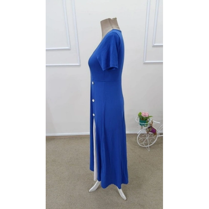 Kadın Kısa Kollu Asimetrik Yakalı Düğme Detaylı Midi Viskon Elbise