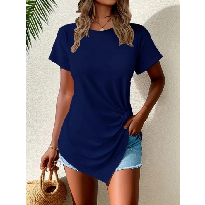 Kadın Kısa Kollu Bisiklet Yaka Asimetrik Kesim Detaylı Viskon Bluz